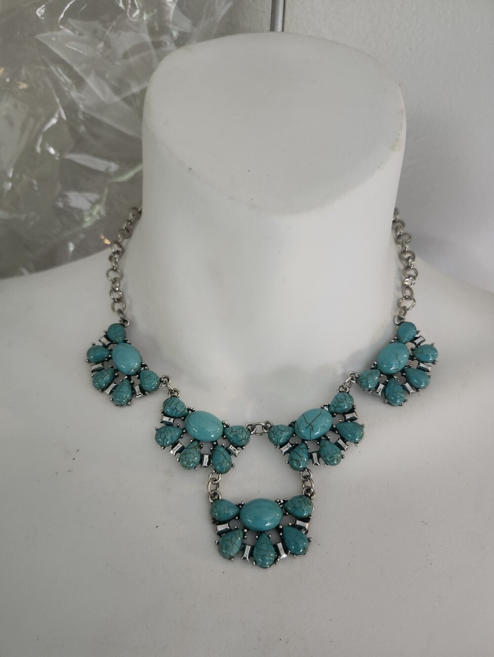 Silver Tone Turquoise Statement Bib Necklace - Blue Gem Cluster